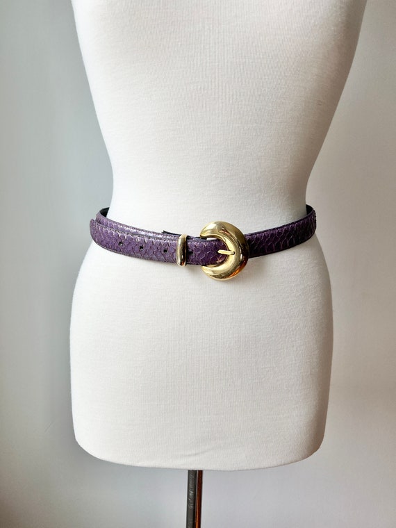 Vintage purple snakeskin belt with gold hardware, 