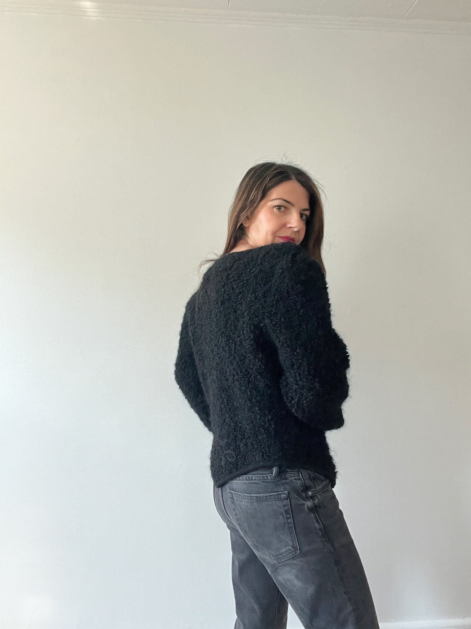 Vintage Black Mohair Wool Cardigan Size Small, Fuzzy Boucle