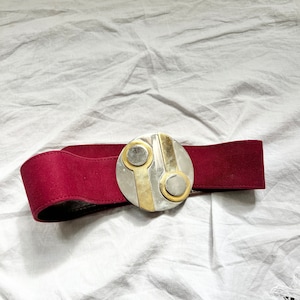 vintage 80s red Geoffrey Beene statement belt, metal statement hardware belt