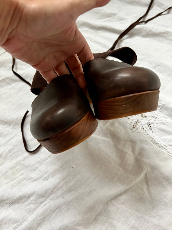 vintage brown wooden leather clogs sandals size 3… - image 8