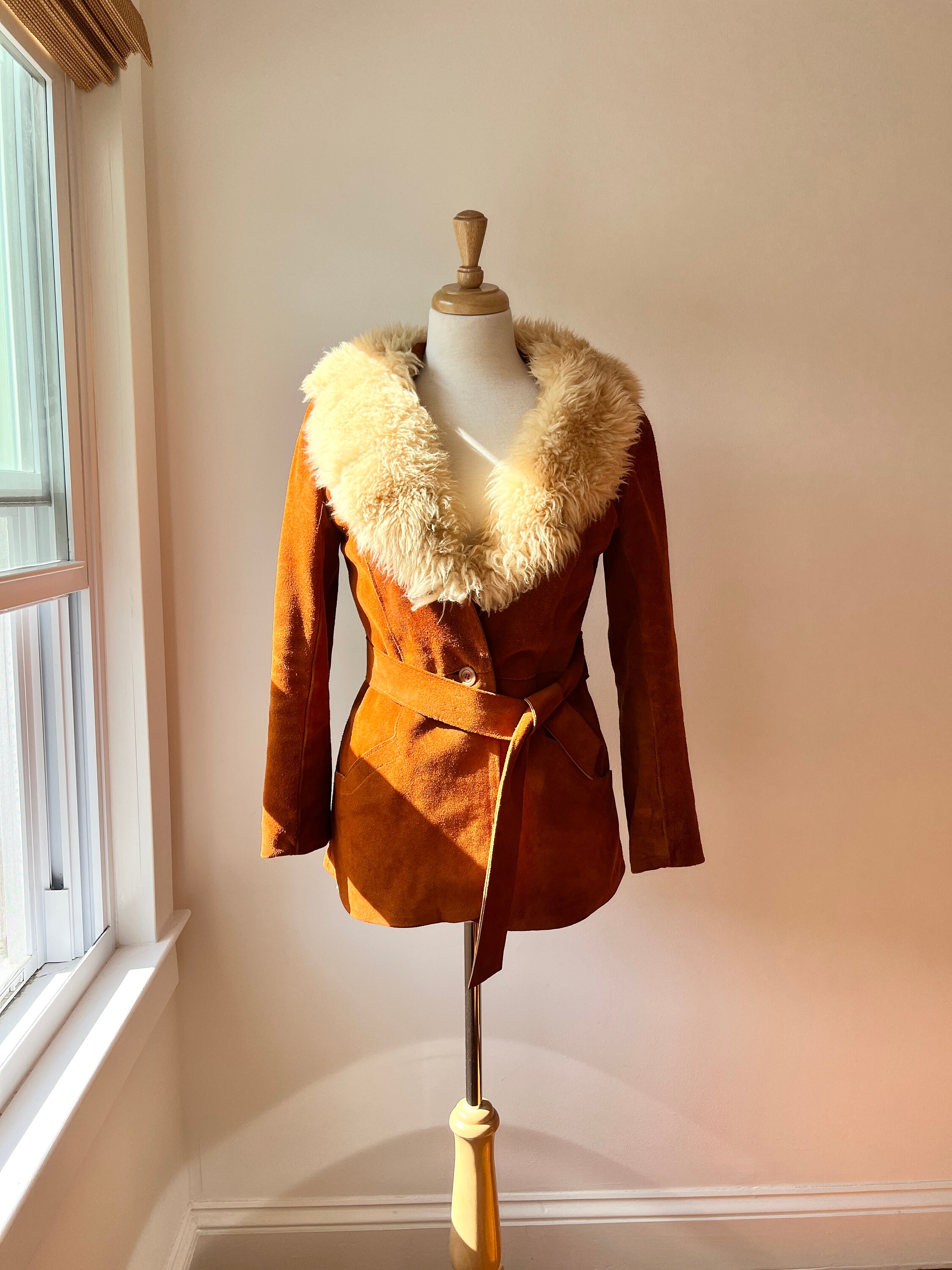 Vintage 1970s Penny Lane Suede Shearling Orange Coat Faux Fur