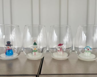 Set of 4 Snowmen Stemless Wine Glasses