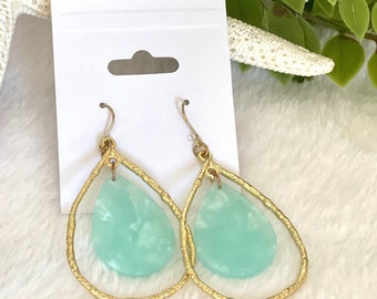 Light Blue and Gold Tortoise Shell Acetate Earrings