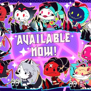 May include: A group of cartoon characters with various colors and designs. The characters are arranged in a circle around a pink background with a star in the center. The text "AVAILABLE NOW!" is written in black letters on the pink background.