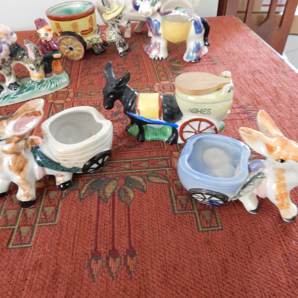 Three Vintage Donkey Cart Ash Trays - 3 Hand Painted Donkey Cart Figurines - Ceramic Donkey Ash Trays