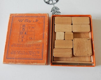 1930s U-Try-It Wooden Puzzle Block Game Early Wood Pieces Game