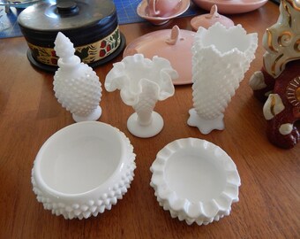 Assorted Fenton White Glass Hobnail Pieces-  Your Choice - Crown Top Vase - Powder Jar - Perfume - Ash Tray - Ruffle Vase