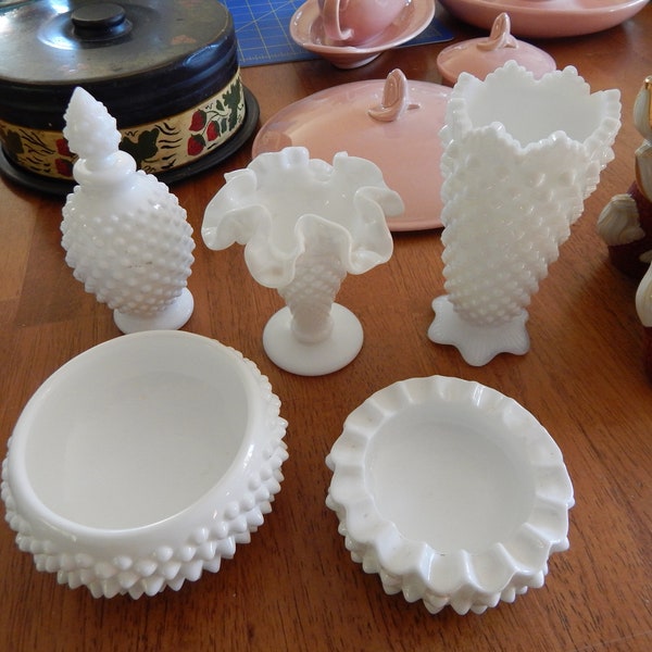 Assorted Fenton White Glass Hobnail Pieces-  Your Choice - Crown Top Vase - Powder Jar - Perfume - Ash Tray - Ruffle Vase