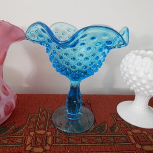 Lovely Blue Fenton Hobnail Ruffled Edge Pedestal Candy Dish Compote Dish - Fenton Blue Glass Hobnail Pedestal Candy Dish or Vase