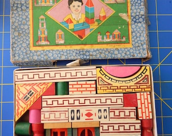 1950s Japan Building Blocks Game Wooden Blocks and Windows Wada Gangu Building Designs