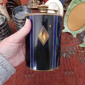 Antique Art Deco Metal Flask Made in Germany - Dark Blue Enamel German Art Deco Flask - Antique German Painted Flask Hinged Lid