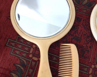 Antique Yellow Heavy Beveled Glass Celluloid Hand Mirror with Comb