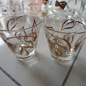 Cool True Mid Century White and Gold Leaves Rocks or Whisky Glasses - MCM Cocktail Glasses Mid Century Barware