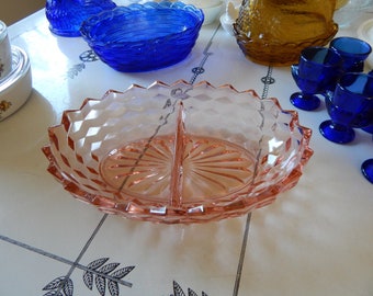 Pink Depression Glass Divided Dish • Jeanette Cube Cubist Pink Relish Celery Olive Serving Dish - Thanksgiving Crudités Dish - Formal Dining