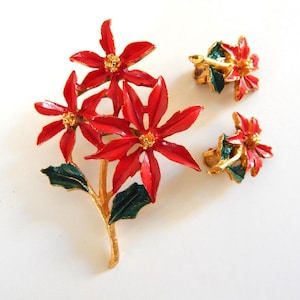 Christmas Poinsettia Brooch Pin with Earrings - Vintage Enamel Flower and Earrings Brooch Pin Unsigned Circa 1960-70s