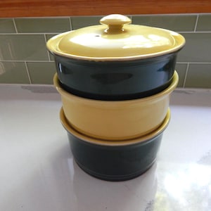 Incredibly RARE Hall China Dark Green and Yellow Stacking Canister Set Hall Restaurant Ware Baking Casserole
