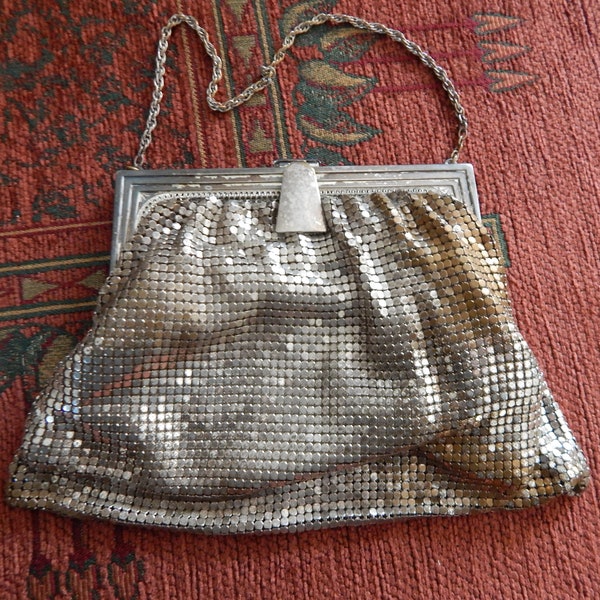 Vintage Whiting and Davis Mesh Purse Bag - Silver Tone Metal Mesh Evening Purse with Chain