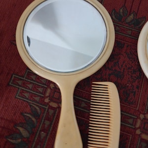 Yellow Celluloid Hand Mirror with Comb - Heavy Beveled Glass Hand Mirror - Old Celluloid Hand Mirror Antique Hand Mirror