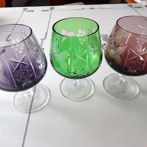 Bavarian Cut to Clear Brandy Snifter Glasses - Vintage Cut Crystal Goblets Burgundy Purple Green Cut Glass SOLD SEPARATELY