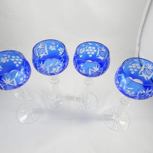 Beautiful Blue Nachtmann Traube or Ajka Style Czech Cut to Clear 5 3/4&quot; Cordial Glasses - Bavarian Cut Crystal Apéritif Sherry Blue Glasses