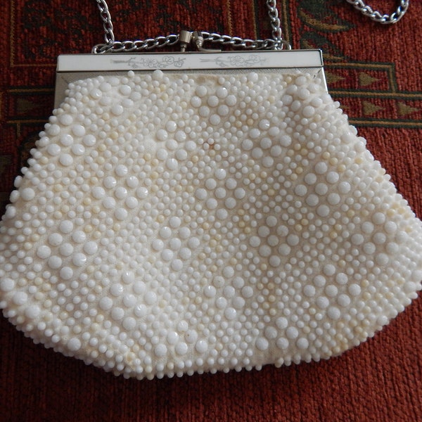 White 1950s Hand Beaded Evening Bag Purse from Hong Kong - Vintage Wedding Purse Bridal Purse -