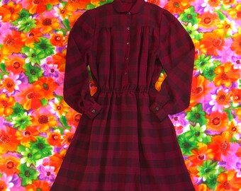 Vintage Red and Black Semi Sheer Plaid Checkered Peter Pan Collar Long Sleeve Western Style Snap Up Midi Dress With Pockets