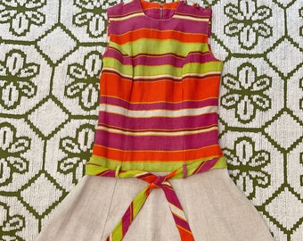 Vintage Pink Green Orange Beige Striped Sleeveless Mod Dress With Belt Burlap Linen Like 60s 70s Drop Waist