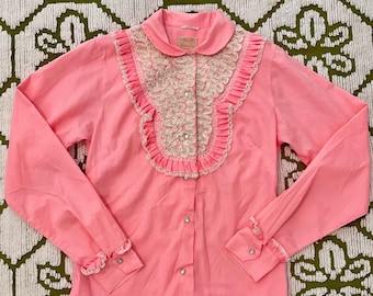 Vintage Pink and White Lace Long Sleeve Miller Western Wear Pearl Snap Shirt 1950s Peter Pan Collar Rockabilly