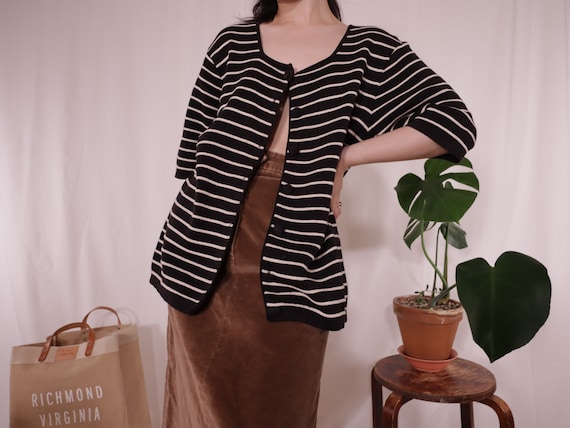 Knitted Black and White Striped Cardigan | Cotton