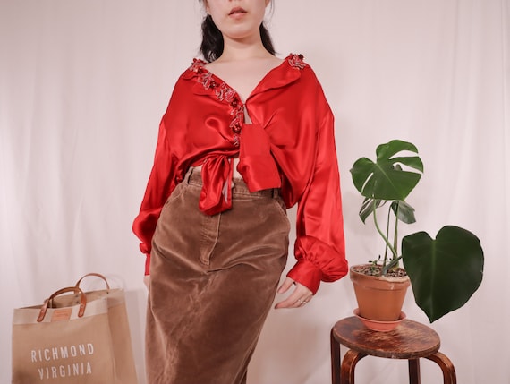 Red Silk Blouse | Embroidered Lapel Silk Blouse |