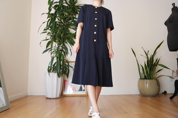 Navy Button Up Midi Dress / Vintage Pleated Midi D