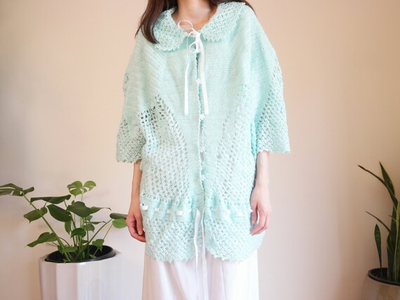 Vintage Handmade Mint Cardigan / Granny Hand Crotc