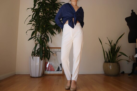 80s White Stirrup Trouser Pants / white High Waist