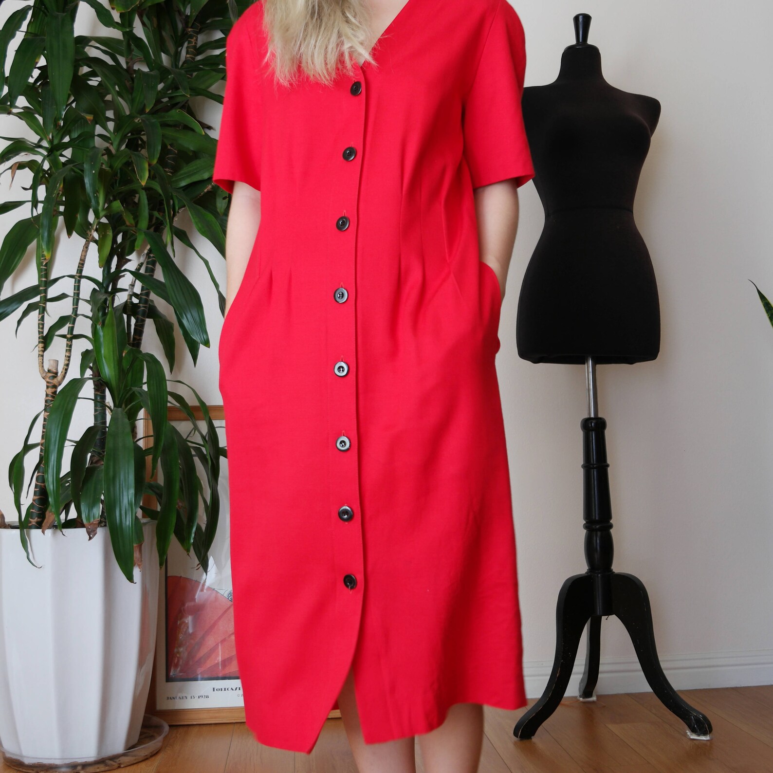 Cherry Red Button Down Midi Dress / Minimalist Shirt Dress / Etsy