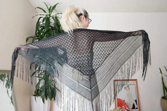 Navy Black Piano Shawl / Vintage Boho Piano Shawl