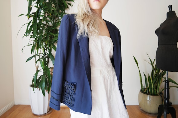 Valentino Night Navy Blue Silk Jacket / 70's Silk