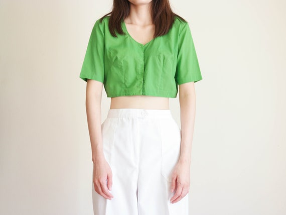 Vintage 1950s Green Crop Top / 50s Cotton Crop To