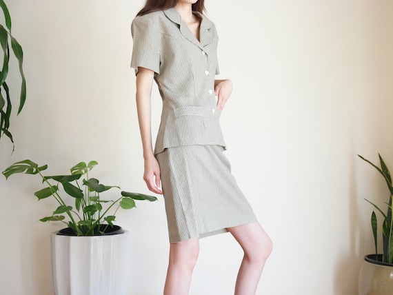 Khaki Houndstooth Skirt Suit Set / Linen Blend Ski