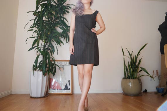 brown pinstripe wool dress / vintage woven wool dr