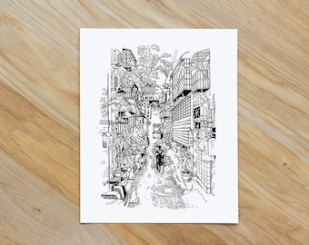 Callejón de Taiwán / Ilustración con bolígrafo / Impresión 8,5 x 11"