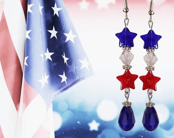 USA Stars and Teardrop Patriotic Crystal Earrings - 4th of July Earrings - Independence Day Gift Earrings - Long USA Earrings