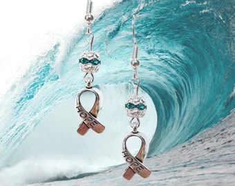 Cervical Cancer Awareness Earrings - Silver Hope Cancer Ribbon - Teal Drop Crystal Earrings - Ovarian Cancer Jewelry - Cancer Earrings Gift