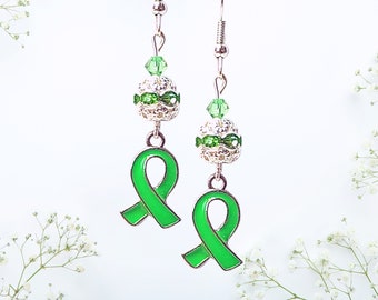 Green Ribbon Cancer Awareness Earrings-Liver Cancer Awareness Earrings-Cerebral Palsy Earrings-Eye Cancer Awareness Earrings-Cancer Gift