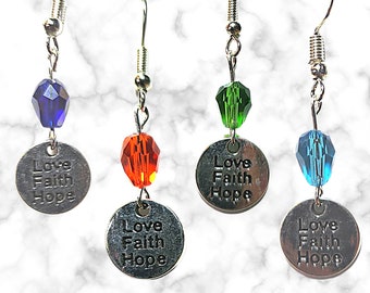 Silver Love Faith Hope Charm Earrings - Green Cancer Awareness - Orange Cancer Awareness  - Purple Cancer Awareness - Teal Cancer Awareness