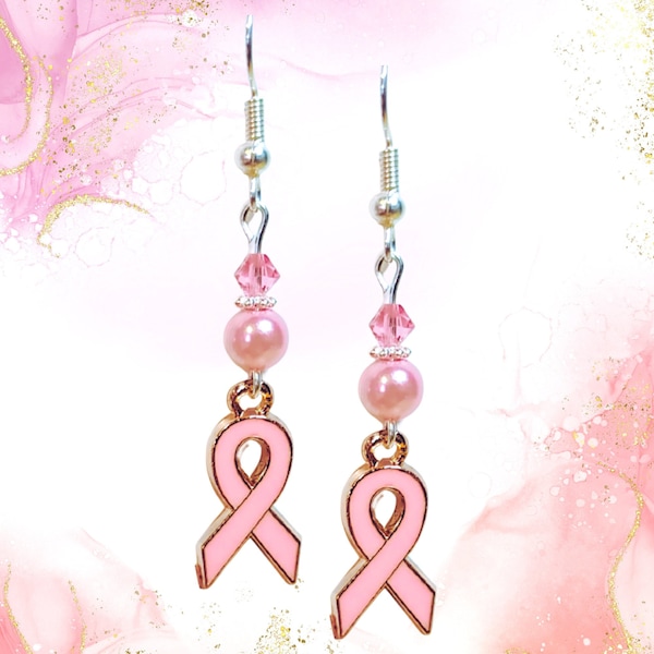 Pink Ribbon Breast Cancer Earrings - Breast Cancer Awareness Earrings - Goldtone Cancer Awareness Earrings - Breast Cancer Gift