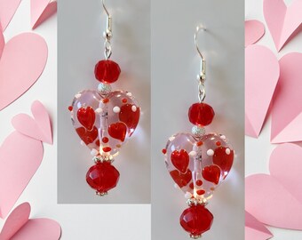Valentine's Day Heart Earrings - Mother's Day Heart Jewelry - Kawaii Earrings - Pink Glass Heart Earrings  Valentine's Day Earrings Gift