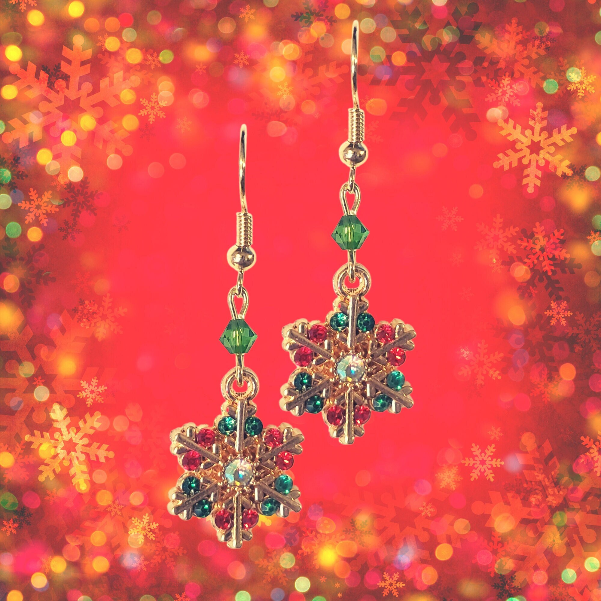 Christmas Earrings - Christmas Snowflake Earrings - Kawaii Earrings - Christmas Gift Earrings - Red Crystal Earrings - Green Crystal Earring