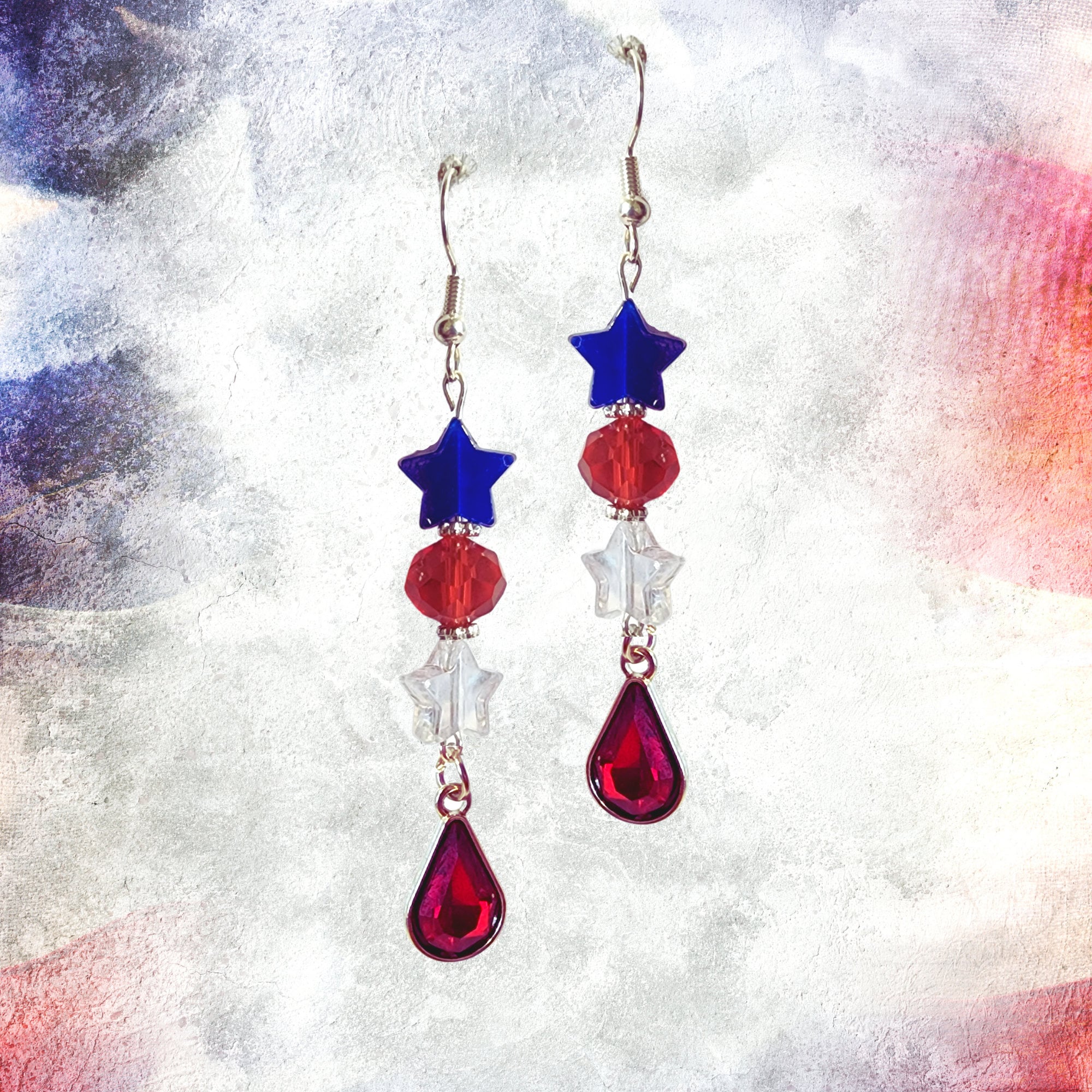 USA Red White Blue Stars and Long Teardrop Patriotic Crystal Earrings - 4th of July Earrings - Independence Day Gift Earrings