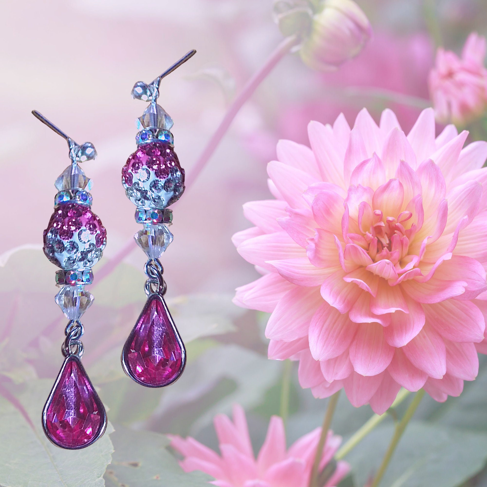 Pink Crystal Teardrop Earrings -Pink Crystal Dangle Earrings -Christmas Gift -Birthday Gift-Earring Gift-Made in USA-long Statement Earrings