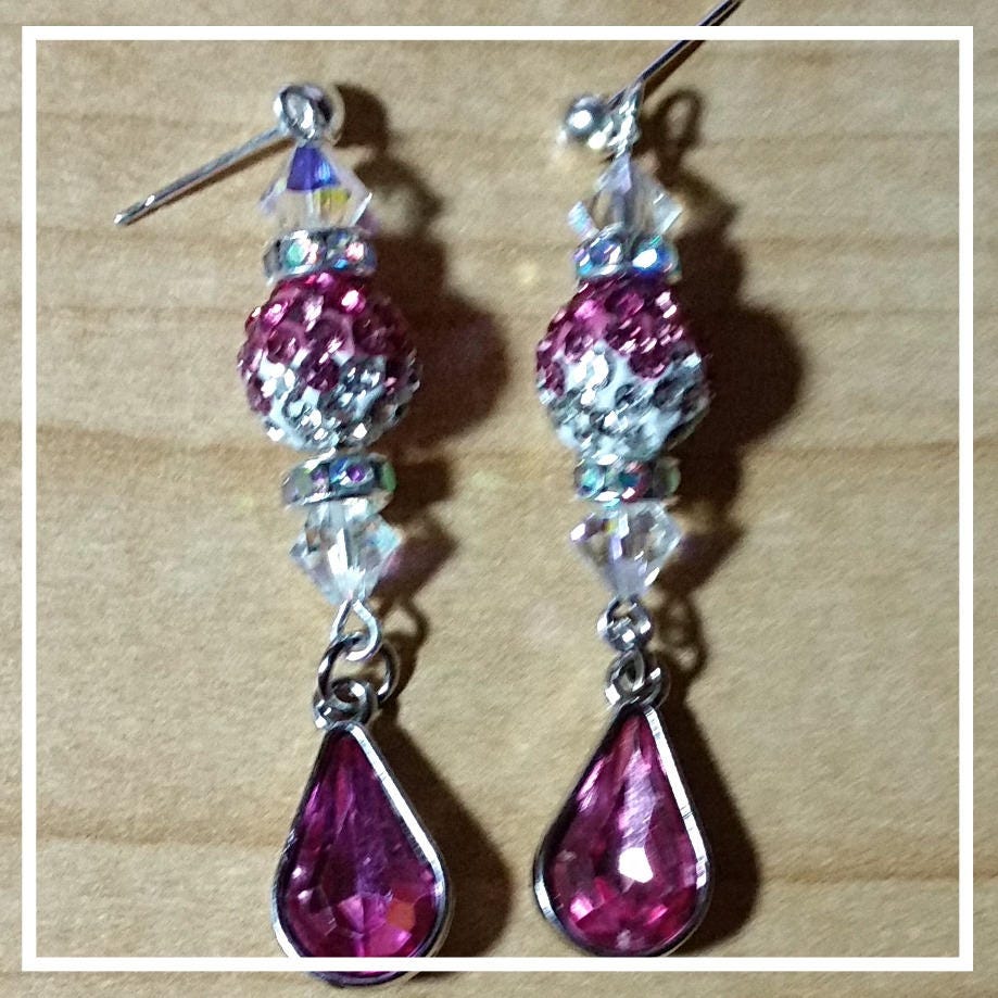 Pink Crystal Teardrop Earrings -Pink Crystal Dangle Earrings -Christmas Gift -Birthday Gift-Earring Gift-Made in USA-long Statement Earrings - Thumbnail 6